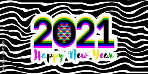 Modern multicolored numbers 2021 with stereoscopic effect and Happy New Year greetings on striped background. Stylish vector illustration for greeting card, holiday calendar, flyer or banner