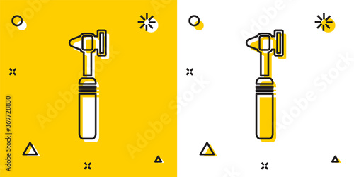 Black Medical otoscope tool icon isolated on yellow and white background. Medical instrument. Random dynamic shapes. Vector Illustration.