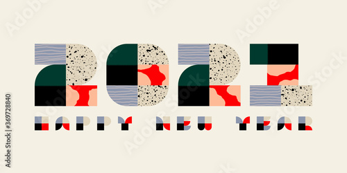 Happy New Year 2021 elegant greeting card. Vintage texture numbers with abstract scribbles and patterns on beige background. Retro vector illustration for calendar, diary, brochure or book cover