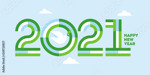 Happy New Year 2021 peaceful greeting card. Elegant striped numbers and white peace dove with olive branch at clear blue sky. Geometric vector illustration for brochure cover or holiday calendar