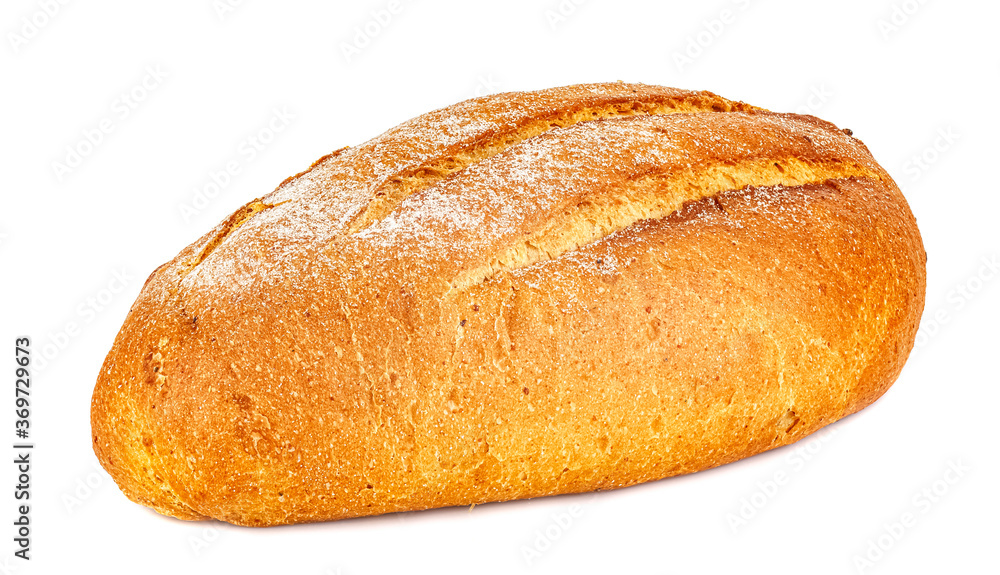 Loaf of freshly baked rye bread isolated on white background