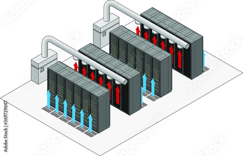 Data center hot and cold aisle rack/cabinet configuration/layout. Arrows show flow of hot and cold air.Cold air enters from raised floor. Hot air vents into overhead ducts. photo