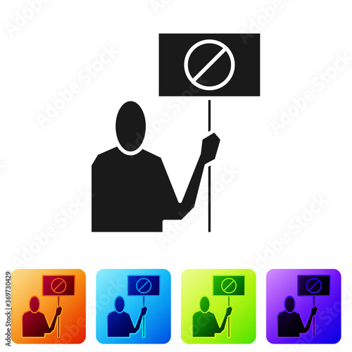 Black Nature saving protest icon isolated on white background. Earth planet protection, environmental issues demonstration. Set icons in color square buttons. Vector Illustration.