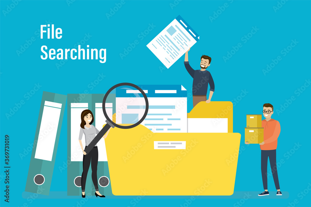 Office workers searching file. Woman employee uses magnifying glass. File binders, yellow folder with documents. File manager, data storage Office workers searching file. Woman employee uses magnifying glass. File binders, yellow folder with documents. File manager, data storage