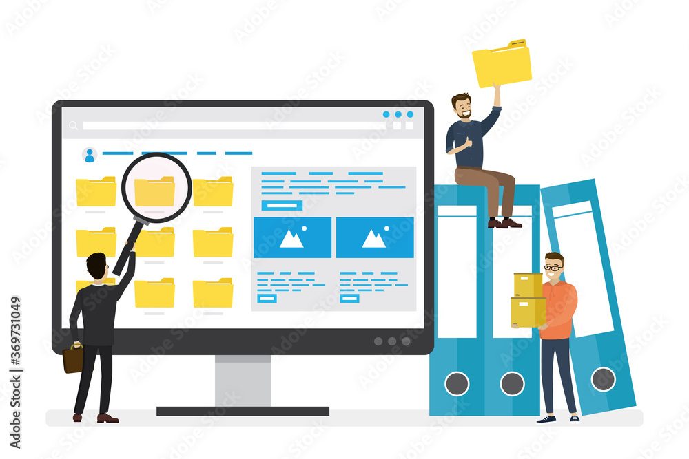 Monitor screen with yellow folders, documents and media content. Male office clerks or employees searching and indexing files. Monitor screen with yellow folders, documents and media content. Male office clerks or employees searching and indexing files.