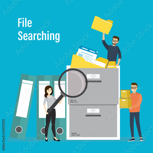 Storage box, file binders and folders with documents. Group of office workers looking for files and information. Files searching concept.