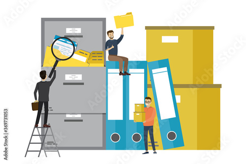Male clerks or employees searching file, paperwork. File binders, boxes, drawer with documents. File manager, data storage