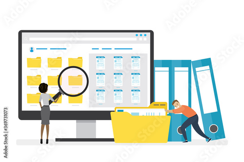 Monitor display with yellow folders, documents and media content. Office clerks or employees searching and indexing files.