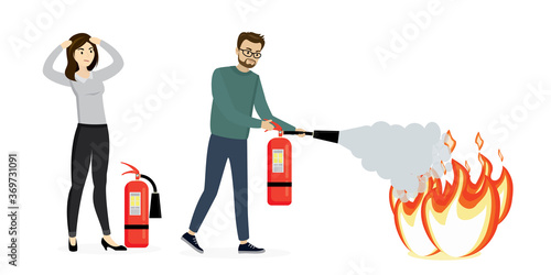 Caucasian office worker man holds red fire extinguisher. Cartoon people extinguishes fire, isolated on white background. Foam puts out flame.