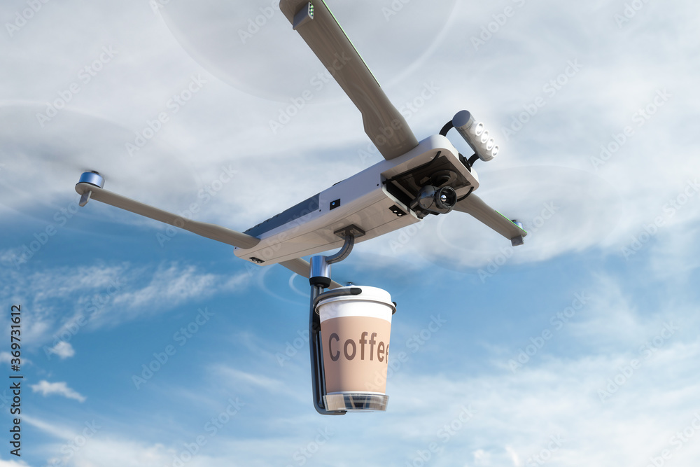 Delivery of coffee using a drone. Flying waiter concept. Mixed media. Delivery of coffee using a drone. Flying waiter concept. Mixed media.
