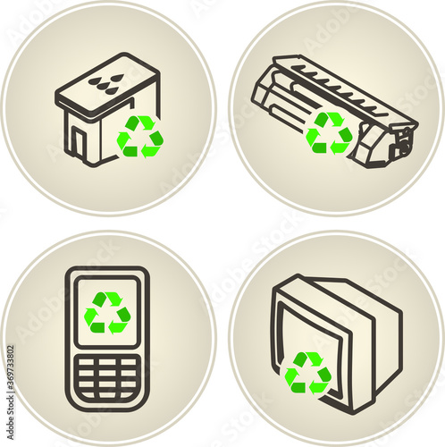 Recycling icons - printer ink cartridge, toner cartridge, mobile/cellular phone, and old tv/electronics.