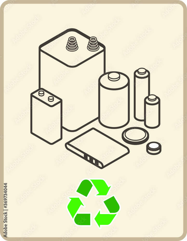 Recycling sign with an arrangement of dry cell alkaline and lithium batteries.