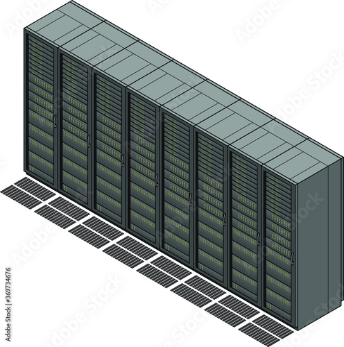 A set of eight server racks / cabinets and ventilated floor tiles.