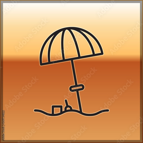 Black line Sun protective umbrella for beach icon isolated on gold background. Large parasol for outdoor space. Beach umbrella. Vector Illustration.