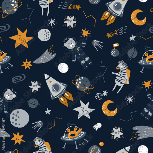 Baby seamless pattern with planets  stars and spaceship