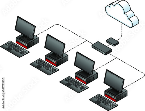 Diagram of a  simple wired network with a broadband modem / gateway, a network switch / hub, and computers.