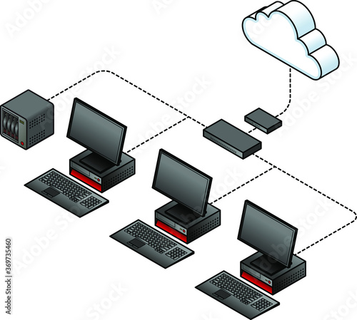 Diagram of a  simple wired network with a broadband modem / gateway, a network switch / hub, computers and a NAS (network-attached storage) device.