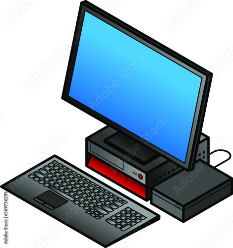 A small form factor PC with a keyboard and and external hard disk drive.