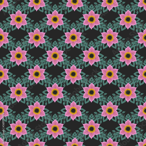 Abstract vintage seamless blue pink pattern on black background 