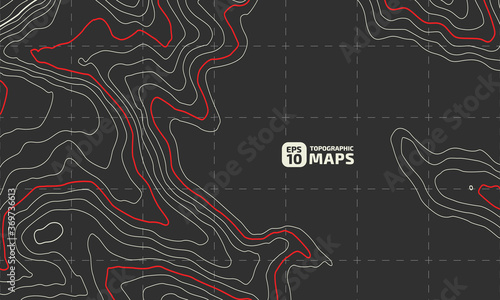 Stylized height of the topographic contour in lines and contours on a dark background. The concept of conditional geographical pattern and topography. Wide size. Vector illustration.