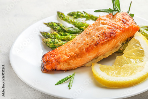 Delicious lunch, baked salmon with asparagus