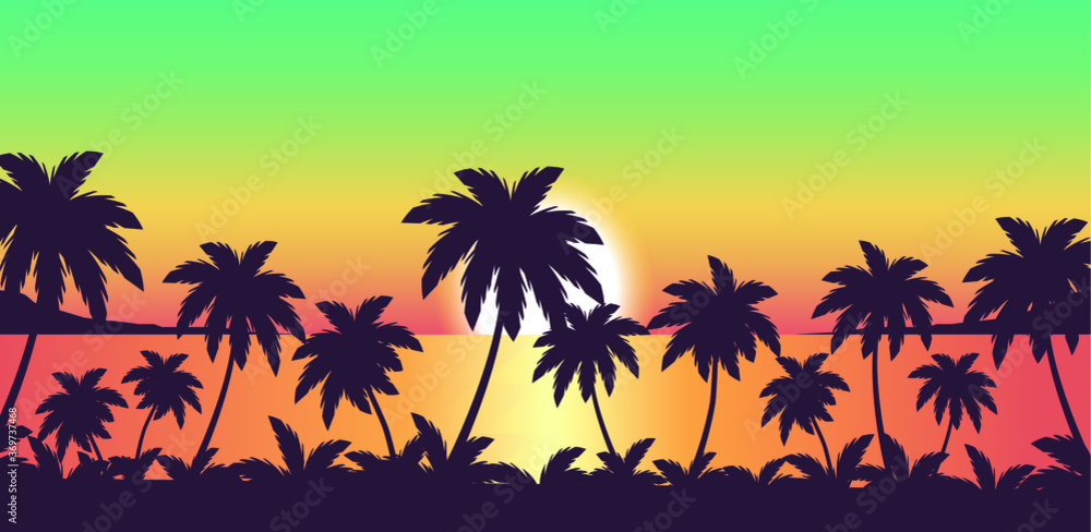 palm trees on tropical sunset beach, vector seascape illustration