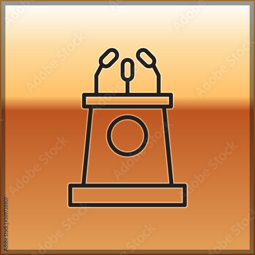 Black line Stage stand or debate podium rostrum icon isolated on gold background. Conference speech tribune. Vector Illustration.