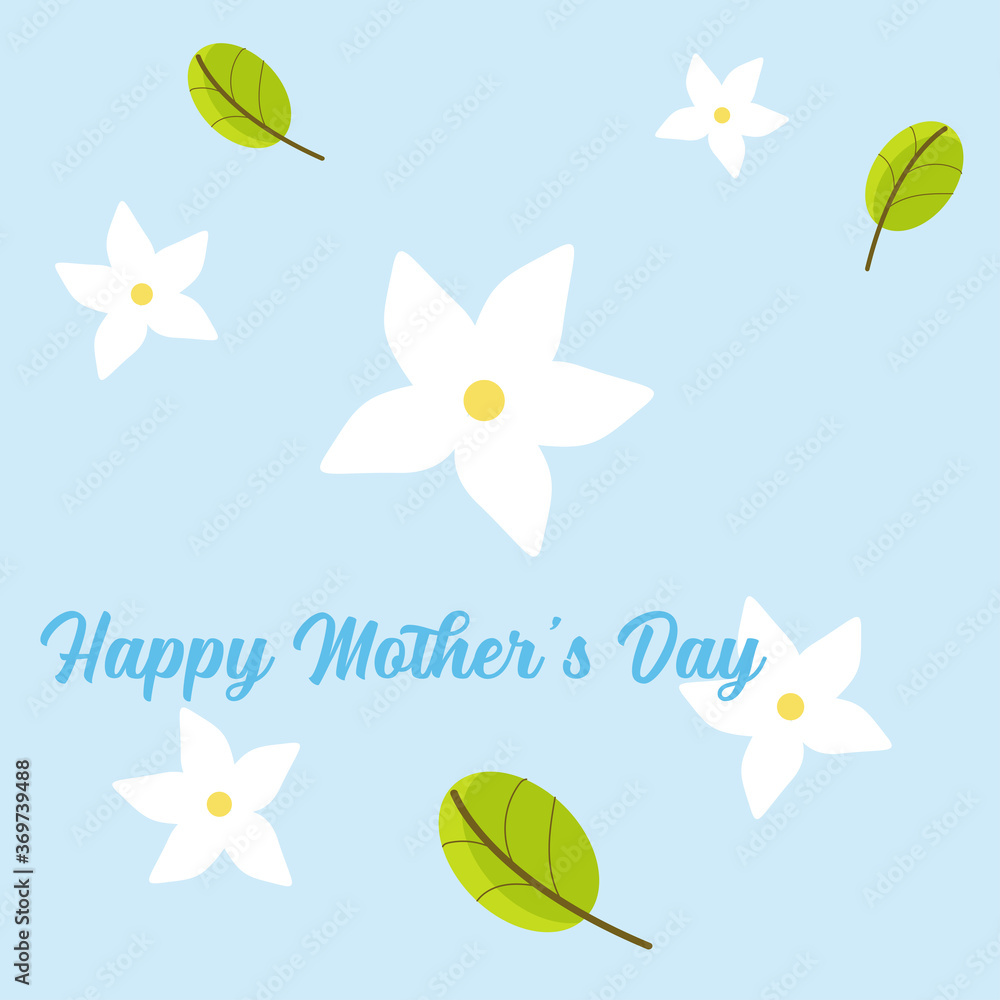 Many white jasmine flowers on light blue background for happy mother's day in Thailand concept. Cartoon vector style.