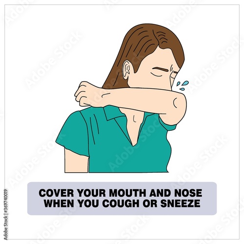 Cover your mouth and nose with arm when cough or sneeze. woman vector warning sign about cough and sneeze. Coronavirus protection sign. woman with runny nose and sneezing. Protection Against Viruses 