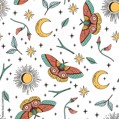 Sun, moon, butterfly seamless pattern