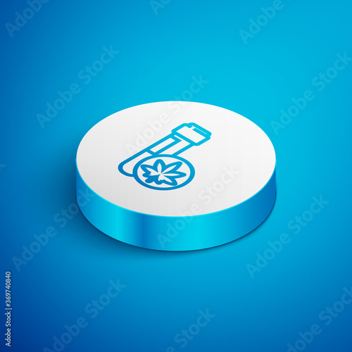 Isometric line Chemical test tube with marijuana or cannabis leaf icon isolated on blue background. Research concept. Laboratory CBD oil. White circle button. Vector Illustration.