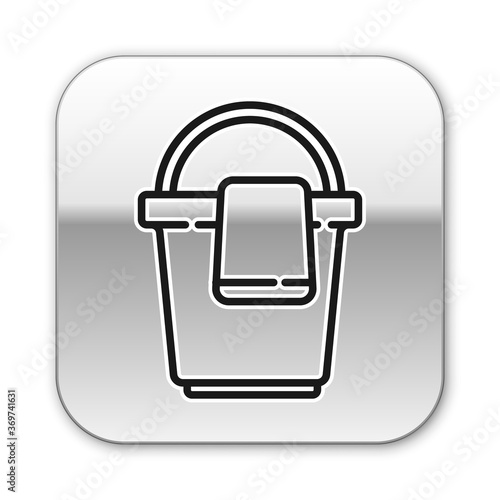 Black line Bucket with rag icon isolated on white background. Cleaning service concept. Silver square button. Vector Illustration.
