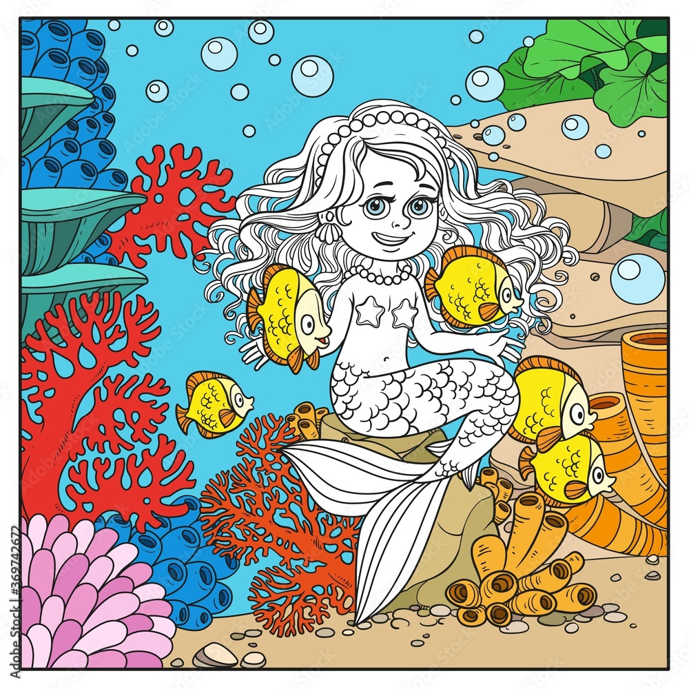 Cute little mermaid girl sits on a stone playing with fish on underwater world with corals and anemones page for coloring Cute little mermaid girl sits on a stone playing with fish on underwater world with corals and anemones page for coloring
