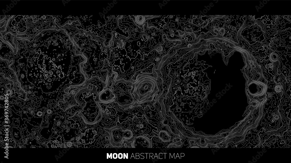 Vector abstract Moon relief map. Generated conceptual lunar elevation map. Isolines of landscape surface elevation. Geographic map conceptual design. Elegant background for presentations - obrazy, fototapety, plakaty 