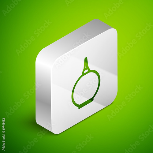 Isometric line Enema icon isolated on green background. Enema with a plastic tip. Medical pear. Silver square button. Vector Illustration.