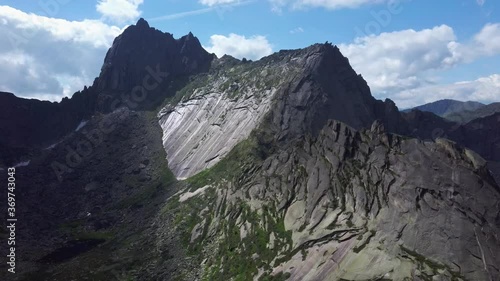 Amazing aerial view of the rock bird pass on the Ergaki ridge in Siberia.
