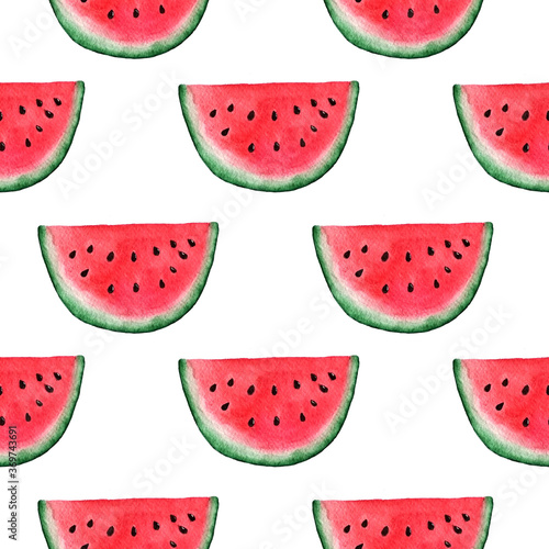 Fototapeta Naklejka Na Ścianę i Meble -  Seamless pattern with watermelon on white background. Watercolor illustration.