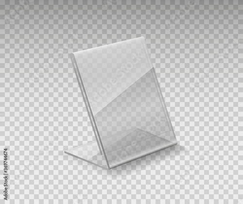 Stand, acrylic table tent, card holder isolated on transparent background. Vector empty flyer glass display. Plastic frame of photo or restaurant menu mock up