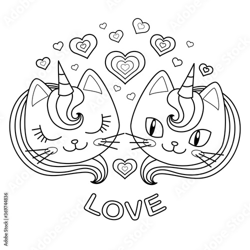 Black and white image. Heads of two unicorn cats in love. Vector