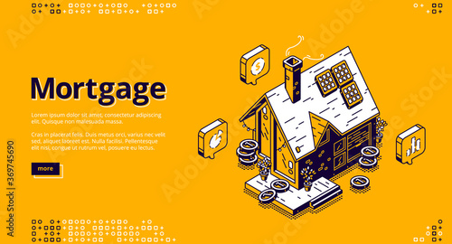 Mortgage isometric landing page. Cottage house with scatter coins and hourglass. Hypothec loan, debt, personal bank consumer credit offer for buying home by installments. 3d vector line art web banner