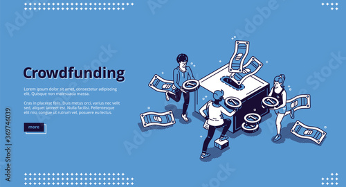 Crowdfunding isometric landing page. People donate money for creative idea support put coins in huge box. Volunteering and social help, philanthropy, donation and charity 3d vector line art web banner