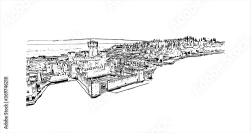 Building view with landmark of Sirmione is a resort town on the southern bank of Lake Garda, in northern Italy. Hand drawn sketch illustration in vector.