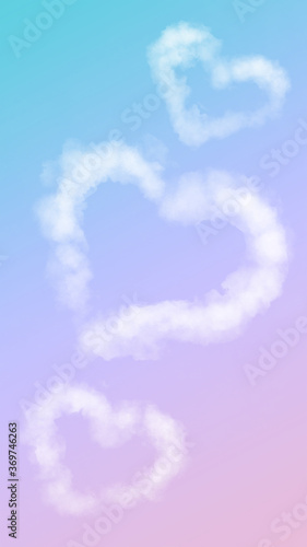 Watercolor art white clouds in the form of hearts on a multicolor gradient background