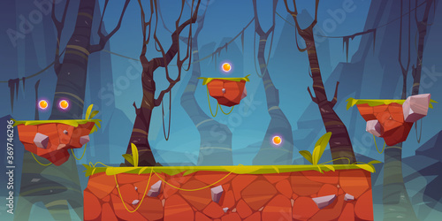 Game platform cartoon forest landscape, 2d ui design for computer or mobile. Creepy dark wood with scary trees and lianas, background with arcade elements for jumping, bonus items and nature locations