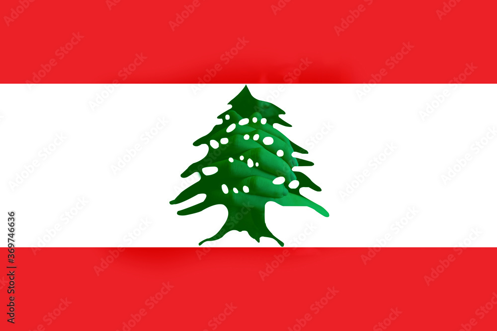 Fototapeta premium podwójna ekspozycja obrazu flagi libanu ma modlącą się dłoń w środku, w módlcie się o koncepcję Bejrutu.