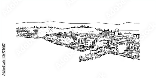 Building view with landmark of Sirmione is a resort town on the southern bank of Lake Garda, in northern Italy. Hand drawn sketch illustration in vector.