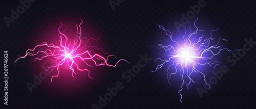 Lightning ball, electric strike impact. Vector realistic set of sparking blue and pink flashes, electrical discharge of thunderstorm isolated on dark transparent background