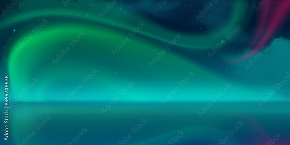 Obraz premium Aurora borealis, northern lights in arctic night sky with stars and clouds. Vector realistic winter landscape with fog and reflection of green and pink polar lights in water surface