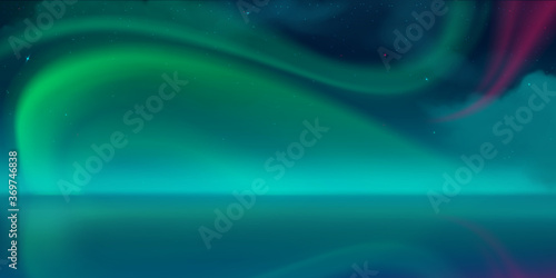 Aurora borealis, northern lights in arctic night sky with stars and clouds. Vector realistic winter landscape with fog and reflection of green and pink polar lights in water surface