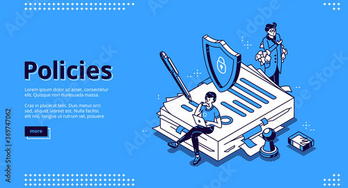 Policies banner. Business documents for law compliance, legal regulation quality and procedures. Vector landing page of guideline, rules and agreement with isometric people and paperwork